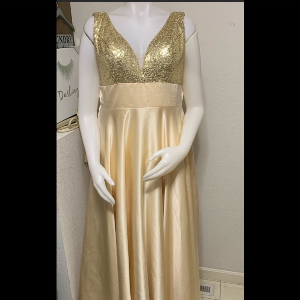 Soft gold sequin and satin bridesmaid dress